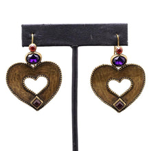 Load image into Gallery viewer, Signed &quot;Poggi&quot; Paris Brass &amp; Crystal Heart Dangle Earrings- (Pierced)