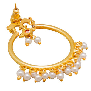 Intricate Gold & Faux Pearl Hoop Dangle Earrings- (Pierced)