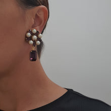 Load image into Gallery viewer, Harlequin Market Purple Crystal Earrings With Faux Pearl (Clip-On Earrings)