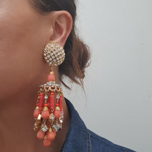 Lawrence VRBA Signed Large Statement Crystal Earrings -  Crystal Coral Chandelier Earrings