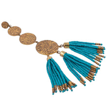 Load image into Gallery viewer, Triple Disk Gold-plated Drop Earrings with Turquoise Bead Tassels  - (Pierced)