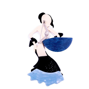 Lea Stein Signed Seville Flamenco Dancer Brooch Pin - Blue & White
