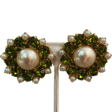 Load image into Gallery viewer, Harlequin Market Green Crystal Earrings with Faux Pearl-(Clip-On Earrings)