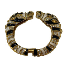 Load image into Gallery viewer, Signed Kenneth J Lane "KJL" Gold Toned Black & White Enamel & Clear Crystal Rhinestone Rams Head Clamper Bangle