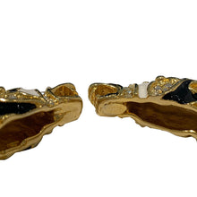 Load image into Gallery viewer, Signed Kenneth J Lane "KJL" Gold Toned Black & White Enamel & Clear Crystal Rhinestone Rams Head Clamper Bangle