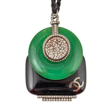 Load image into Gallery viewer, Signed CHANEL 'CC' Deco Style Green & Black Glass Pendant Necklace