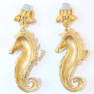 Signed Ciner NY Blue Crystal Seahorse Earrings