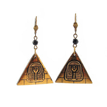 Load image into Gallery viewer, Vintage French Pressed Glass Gold Enamel Egyptian Revival Motif Earrings c. 1930&#39;s