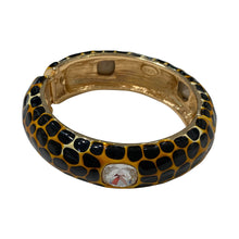 Load image into Gallery viewer, Signed Kenneth J Lane "KJL" Gold Toned Giraffe Print Enamel & Clear Crystals Clamper Bangle