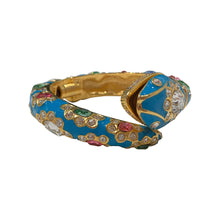 Load image into Gallery viewer, Signed Kenneth J Lane "KJL" Gold Toned Blue Enamel & Multi-coloured Crystals Snake Clamper Bangle