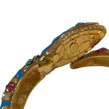 Load image into Gallery viewer, Signed Kenneth J Lane "KJL" Gold Toned Blue Enamel & Multi-coloured Crystals Snake Clamper Bangle