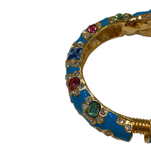 Load image into Gallery viewer, Signed Kenneth J Lane "KJL" Gold Toned Blue Enamel & Multi-coloured Crystals Snake Clamper Bangle