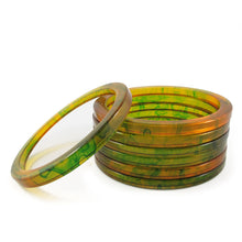 Load image into Gallery viewer, Bakelite Spacer Bangles c.1950's - Marbled Apple Juice + Forest Green - Harlequin Market