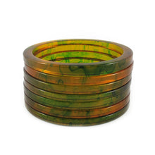 Load image into Gallery viewer, Bakelite Spacer Bangles c.1950's - Marbled Apple Juice + Forest Green - Harlequin Market