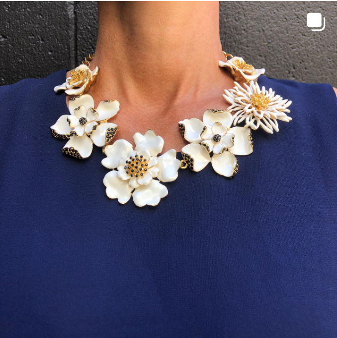 Signed Carolina Herrera White Enamel Flower Statement Necklace