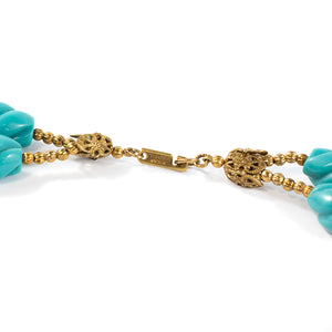 Vintage Miriam Haskell Signed 2-Strand Turquoise Glass Bead Floral Design Necklace c. 1950