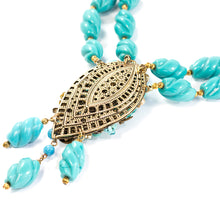 Load image into Gallery viewer, Vintage Miriam Haskell Signed 2-Strand Turquoise Glass Bead Floral Design Necklace c. 1950
