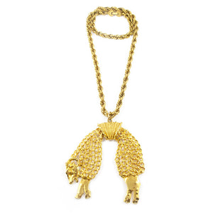 Exquisite Rare Retro Style Signed MONET Gold-tone Ram Pendant Necklace c. 1950