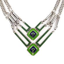 Load image into Gallery viewer, Vintage Signed Castlecliff Mod Geometric Blue &amp; Green Enamel Bib Style Necklace in Silver Tone c. 1960&#39;s