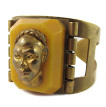 Load image into Gallery viewer, French Vintage Carved Galalith & Brass Figural Face Cuff c.1930