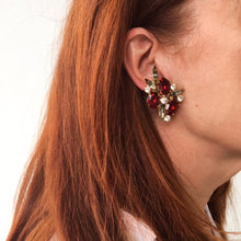 Load image into Gallery viewer, HQM Austrian Ruby, Clear & Black Diamond Crystal Cluster Earrings (Clip-On)