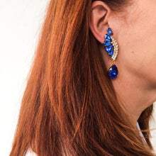 Load image into Gallery viewer, HQM Austrian Sapphire & Clear Crystal Drop Earrings (Clip-On)