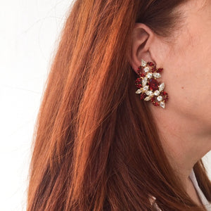 HQM Austrian Ruby & Clear Crystal Intricate Earrings (Clip-On)