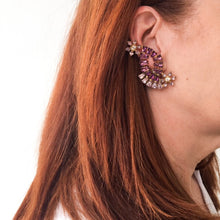 Load image into Gallery viewer, HQM Austrian Amethyst & Light Amethyst Cross Over Climber Daisy Earrings (Clip-On)