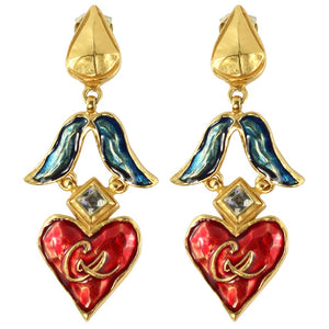 Christian Lacroix Signed Vintage Blue & Red Enamelled Gold Tone Heart Drop Earrings c. 1980 - Harlequin Market