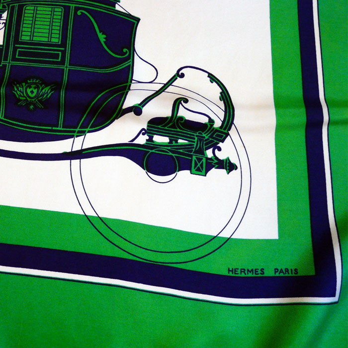 vintage HERMES Ex Libris silk scarf / silk twill green ecru carriage