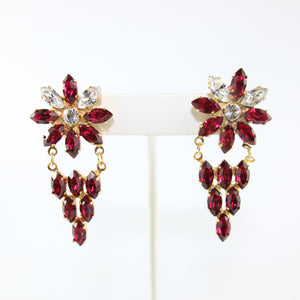 HQM Austrian Ruby & Clear Crystal Deco Daisy Drop Earrings (Pierced)