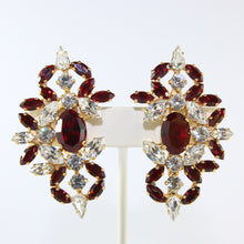 Load image into Gallery viewer, HQM Austrian Ruby & Clear Crystal Intricate Earrings (Clip-On)