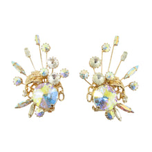 Load image into Gallery viewer, HQM Austrian Vintage Unsigned Aurore Boreale Large Spark & Golden Leaf Earrings (Clip-On)