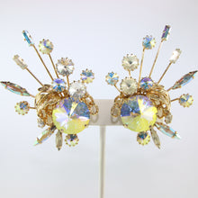 Load image into Gallery viewer, HQM Austrian Vintage Unsigned Aurore Boreale Large Spark & Golden Leaf Earrings (Clip-On)