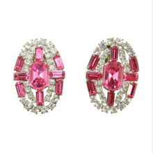 Load image into Gallery viewer, HQM Vintage Unsigned Large Oval Clear & Rose Crystal Earrings (Clip-On)