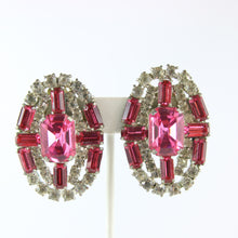Load image into Gallery viewer, HQM Vintage Unsigned Large Oval Clear & Rose Crystal Earrings (Clip-On)