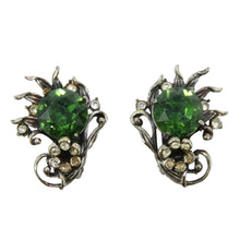 Load image into Gallery viewer, HQM Austrian Vintage Green & Clear Crystal Claw Earrings (Clip-On)