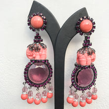 Load image into Gallery viewer, Lawrence VRBA Signed Large Statement Earrings - Circular Deep Purple & Coral Elephant Drop