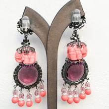 Load image into Gallery viewer, Lawrence VRBA Signed Large Statement Earrings - Circular Deep Purple & Coral Elephant Drop