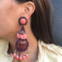 Load image into Gallery viewer, Lawrence VRBA Signed Large Statement Earrings - Circular Deep Purple & Coral Elephant Drop