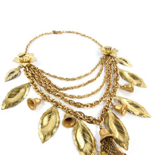 Load image into Gallery viewer, Miriam Haskell Signed Vintage Brass Multi Chain Bib Fringe Necklace with Textured Leaves c.1970