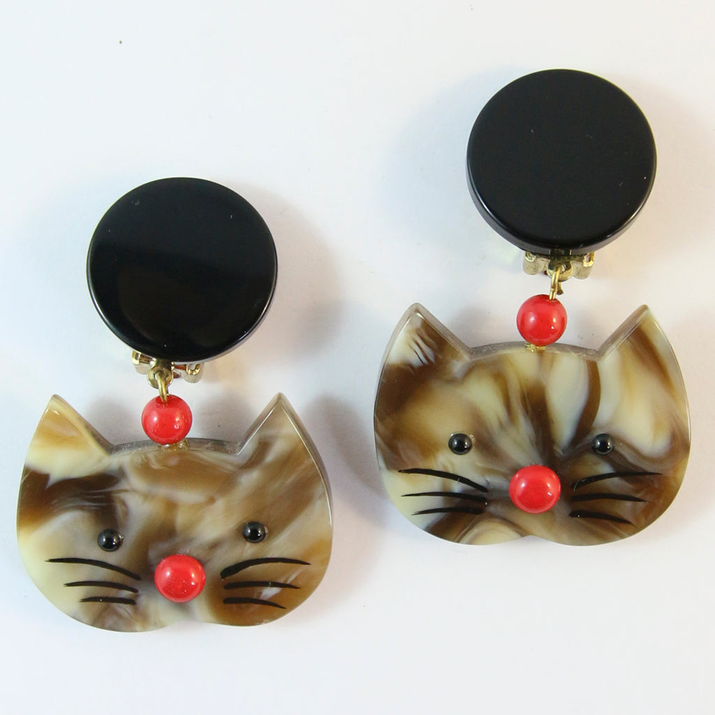 Pavone Signed Square Galalith Hand-Painted Cat Earrings - Red Nose (Clip-on)