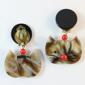 Pavone Signed Square Galalith Hand-Painted Cat Earrings - Red Nose (Clip-on)