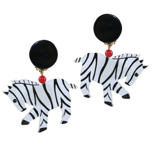 Pavone (France) Signed Square Galalith Hand-Painted Zebra Earrings - Clear, Black, Red (Clip-on)