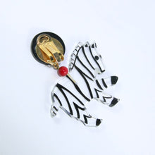 Load image into Gallery viewer, Pavone (France) Signed Square Galalith Hand-Painted Zebra Earrings - Clear, Black, Red (Clip-on)