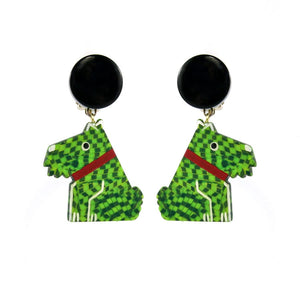 Pavone (France) Signed Square Galalith Hand-Painted Green Scotty Dog Earrings (Clip-on)