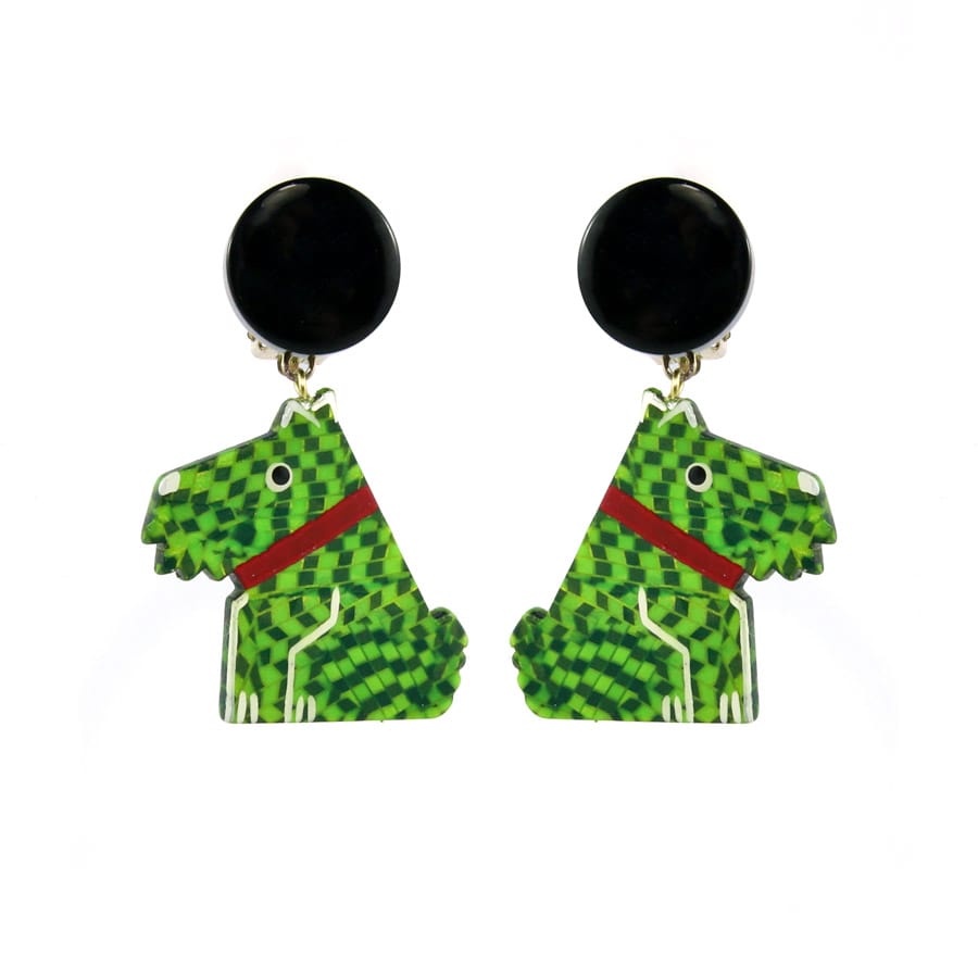 Pavone (France) Signed Square Galalith Hand-Painted Green Scotty Dog Earrings (Clip-on)