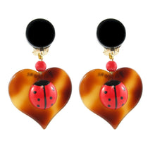 Load image into Gallery viewer, Pavone (France) Signed Square Galalith Hand-Painted Heart, Lady Beetle Earrings (Clip-on)