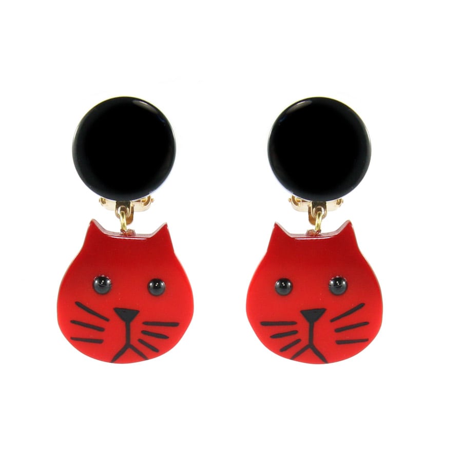 Pavone (France) Signed Small Cat Earrings - Red (Clip-on)