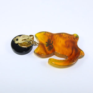 Pavone (France) Signed Square Galalith Hand-Painted Cat Earrings - Translucent Yellow (Clip-on)